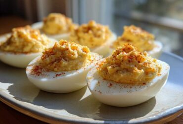 Close-up of creamy deviled eggs topped with paprika, sitting on a plate in natural light.