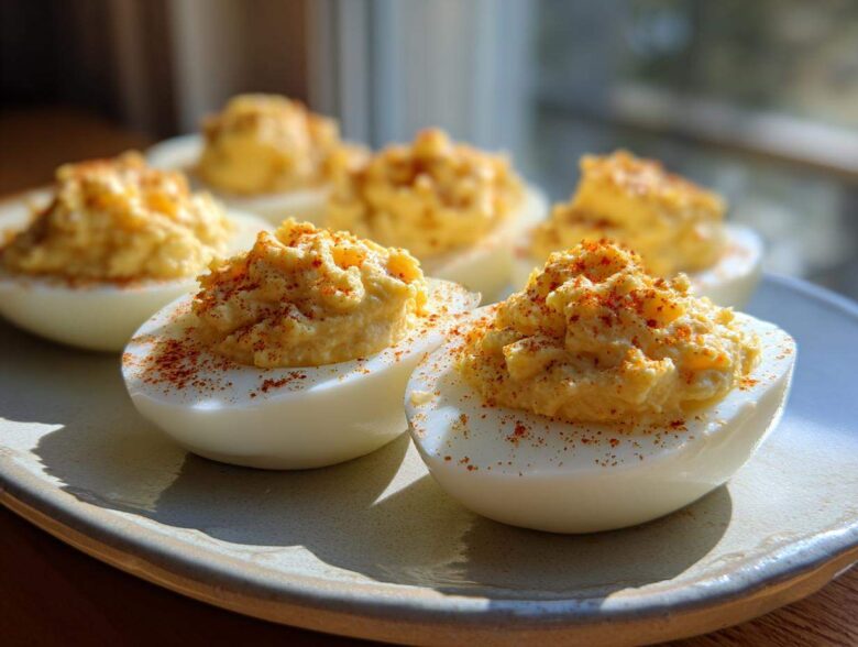 Close-up of creamy deviled eggs topped with paprika, sitting on a plate in natural light.