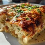 A rich, cheesy serving of green chile chicken enchiladas covered in a creamy sauce and topped with fresh herbs.