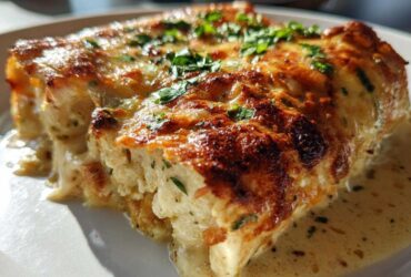 A rich, cheesy serving of green chile chicken enchiladas covered in a creamy sauce and topped with fresh herbs.