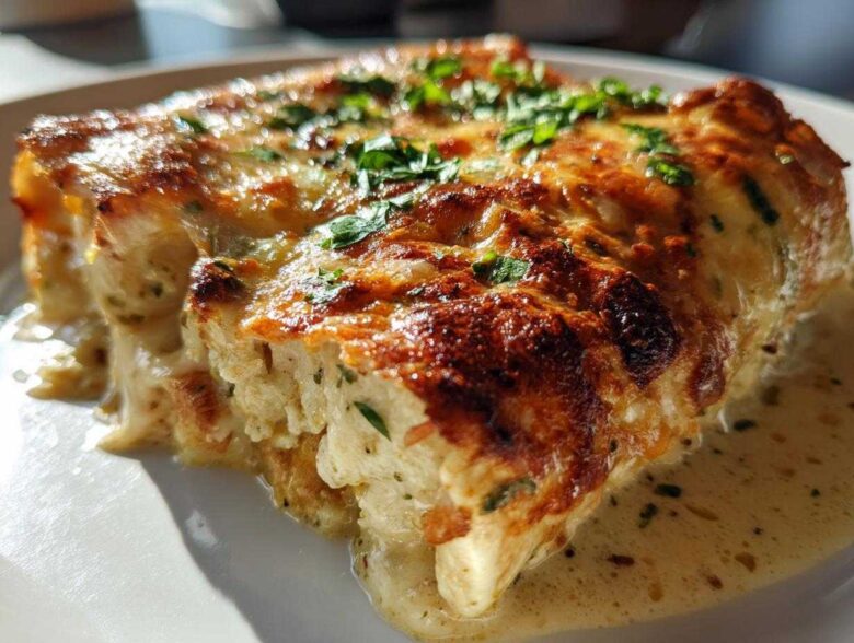 A rich, cheesy serving of green chile chicken enchiladas covered in a creamy sauce and topped with fresh herbs.