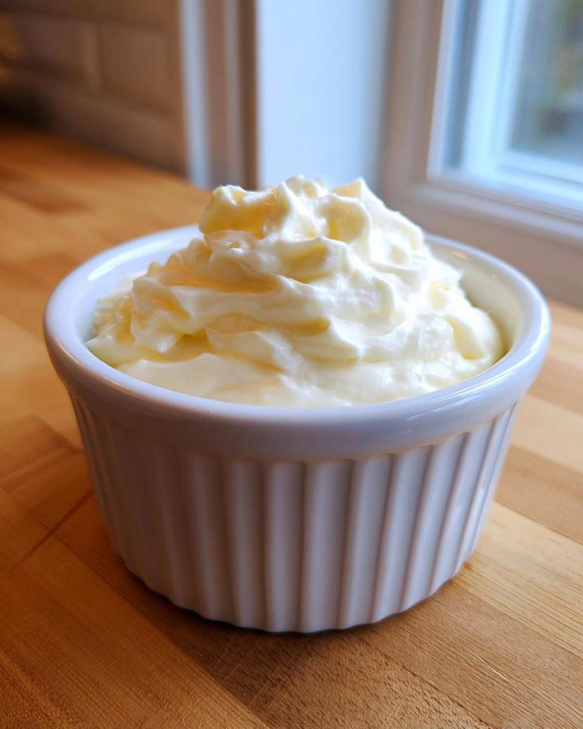 A close-up of thick, creamy homemade alfredo sauce swirled high in a white, fluted ramekin.