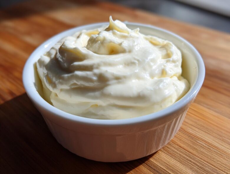 A close-up of thick, creamy homemade alfredo sauce swirled high in a small white ramekin on a wooden surface.