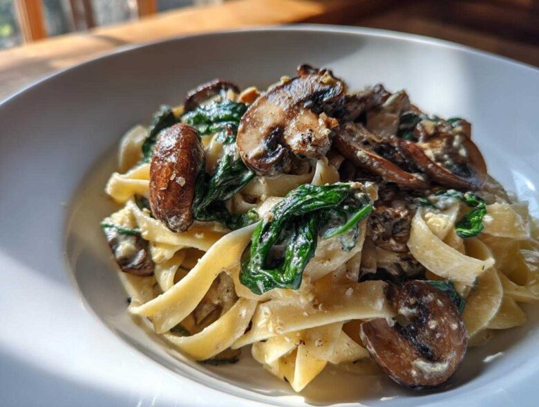 Close-up of creamy mushroom pasta featuring fettuccine noodles, sautéed mushrooms, and wilted spinach in a white bowl.