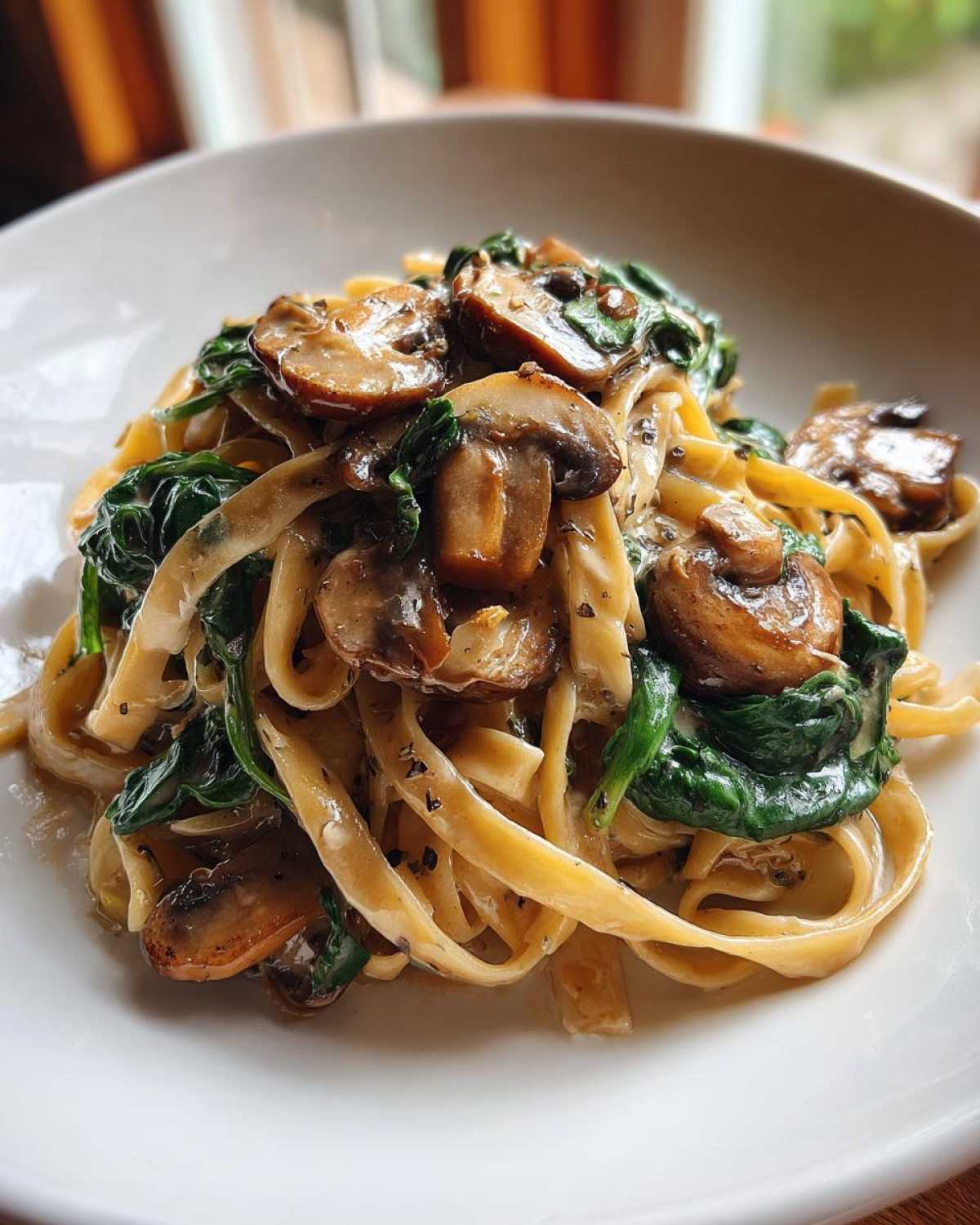 Close-up of creamy mushroom pasta tossed with sautéed spinach and sliced brown mushrooms, served in a white bowl.