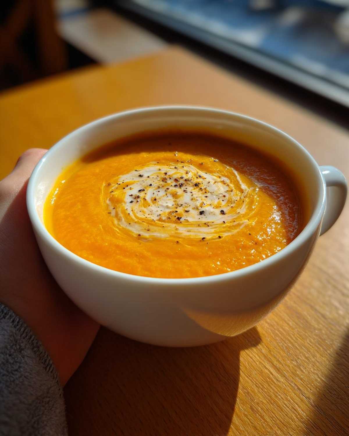 A hand holds a white bowl filled with vibrant orange soup, likely cauliflower soup, topped with a cream swirl and black pepper.