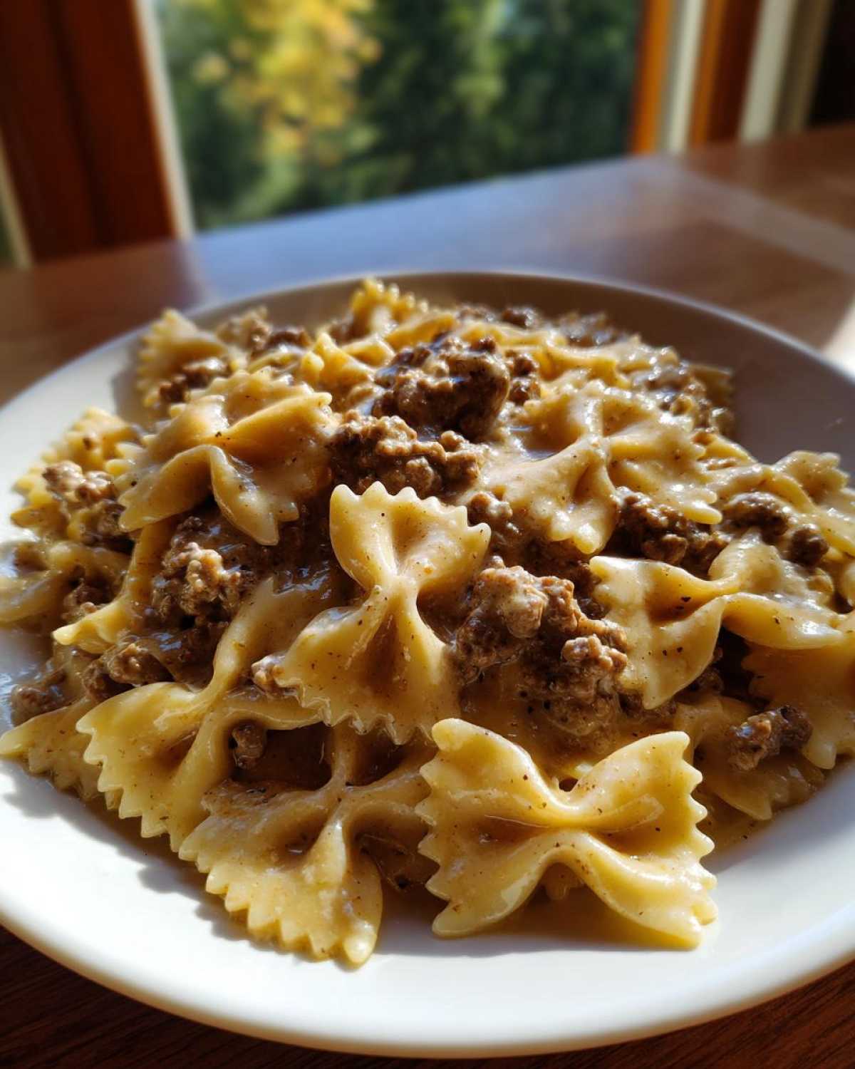 Close-up of creamy parmesan garlic beef bowtie pasta served on a white plate near a sunlit window.