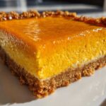 A single, thick square of creamy pumpkin cheesecake bars with a graham cracker crust, glistening under sunlight.