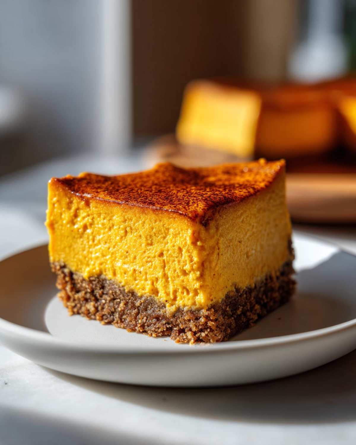 A thick, creamy slice of bright orange pumpkin cheesecake bars with a dark graham cracker crust.