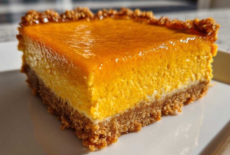 A single, thick square of creamy pumpkin cheesecake bars with a graham cracker crust, glistening under sunlight.