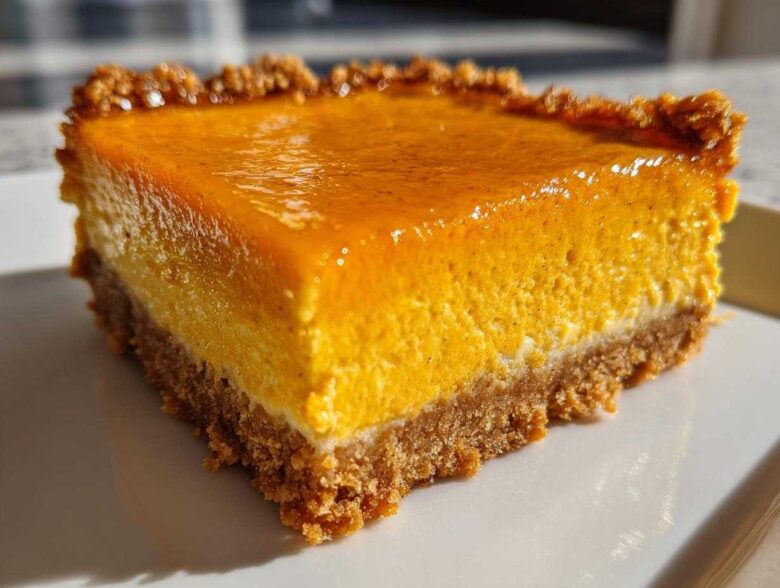 A single, thick square of creamy pumpkin cheesecake bars with a graham cracker crust, glistening under sunlight.