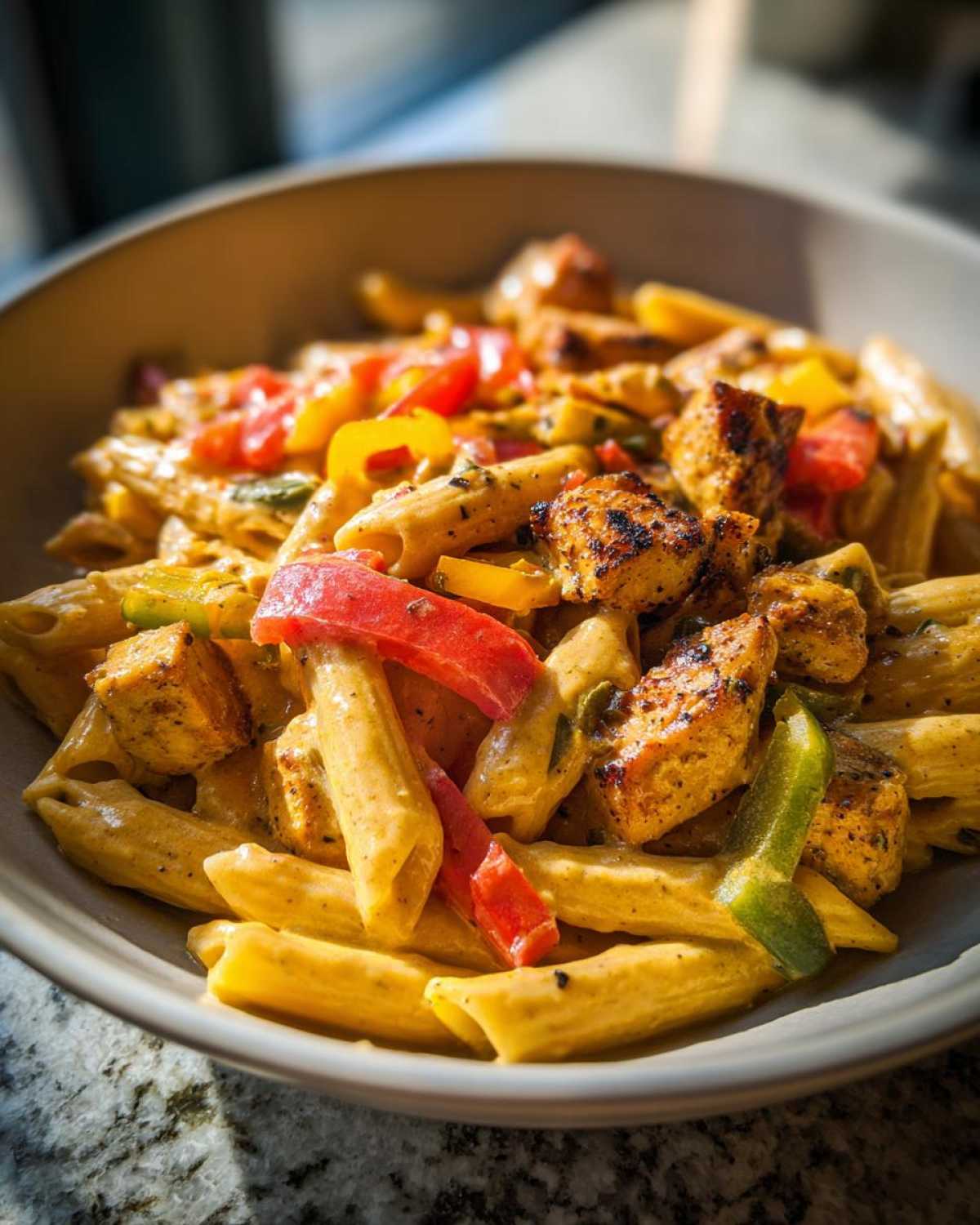 Close-up of a bowl of creamy rasta pasta featuring penne, colorful bell peppers, and seasoned chicken pieces.