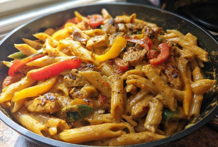 Close-up of creamy Rasta pasta mixed with seasoned chicken pieces and colorful bell peppers in a dark skillet.