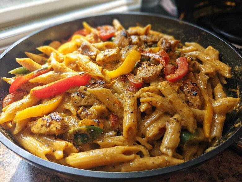 Close-up of creamy Rasta pasta mixed with seasoned chicken pieces and colorful bell peppers in a dark skillet.