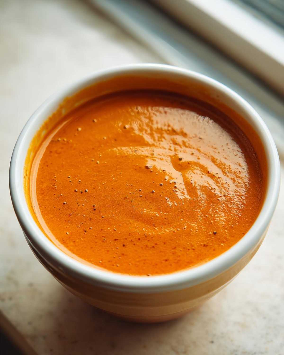 Close-up of a warm, creamy roasted tomato soup in a yellow and white mug.