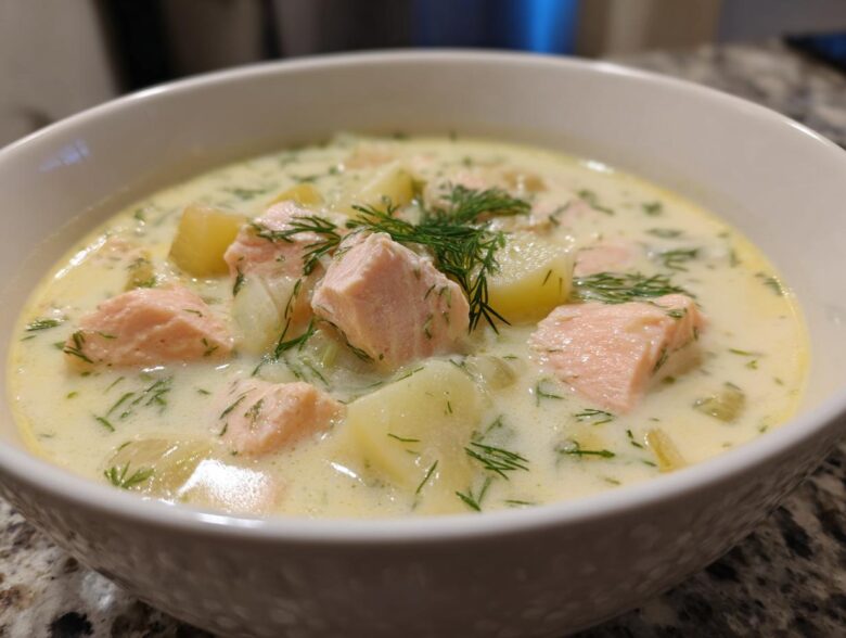 Close-up of a bowl of creamy salmon soup featuring chunks of pink salmon, potatoes, and fresh dill.