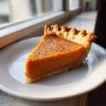 A close-up of a perfect slice of creamy sweet potato pie with a flaky crust, sitting on a white plate near a window.