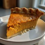 A close-up of a perfect slice of creamy sweet potato pie resting on a white dish, highlighted by natural sunlight.