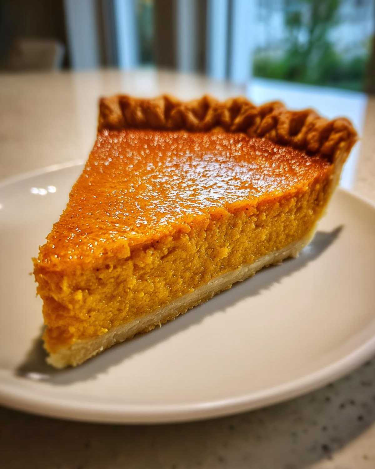 A close-up shot of a perfectly baked slice of creamy sweet potato pie resting on a white plate.