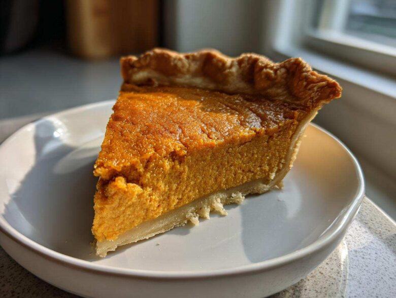 A close-up of a perfect slice of creamy sweet potato pie resting on a white dish, highlighted by natural sunlight.