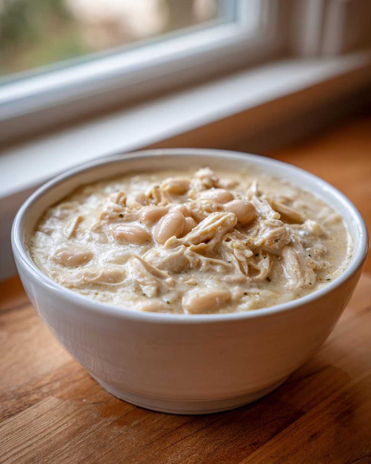 A close-up of a white bowl filled with creamy white chicken chili, featuring shredded chicken and white beans.