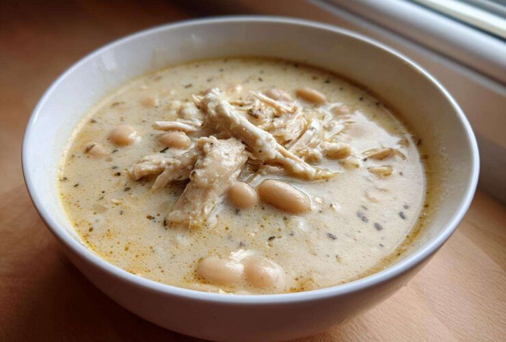A close-up of a white bowl filled with creamy white chicken chili, featuring shredded chicken and white beans.