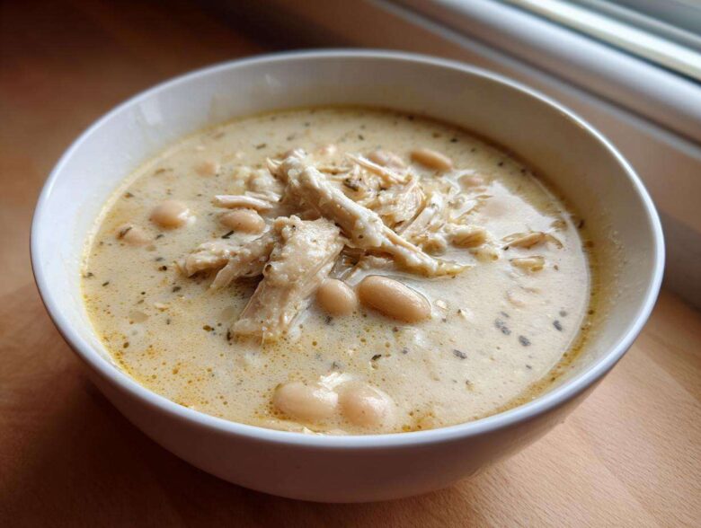 A close-up of a white bowl filled with creamy white chicken chili, featuring shredded chicken and white beans.
