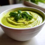 Close-up of a vibrant green zucchini soup in a white bowl, topped with fresh basil leaves and cracked black pepper.