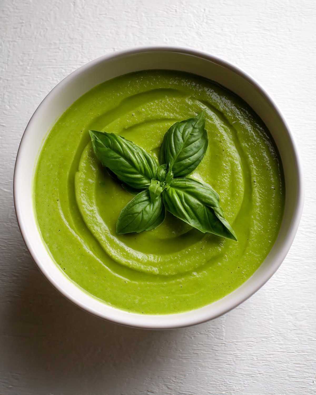 Overhead view of a bowl of creamy, vibrant green zucchini soup garnished with fresh basil leaves.