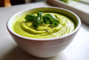 Close-up of a vibrant green zucchini soup in a white bowl, topped with fresh basil leaves and cracked black pepper.