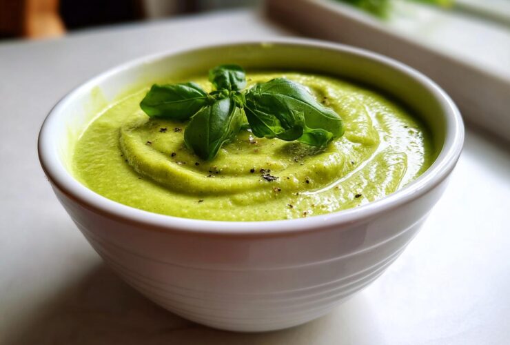 Close-up of a vibrant green zucchini soup in a white bowl, topped with fresh basil leaves and cracked black pepper.