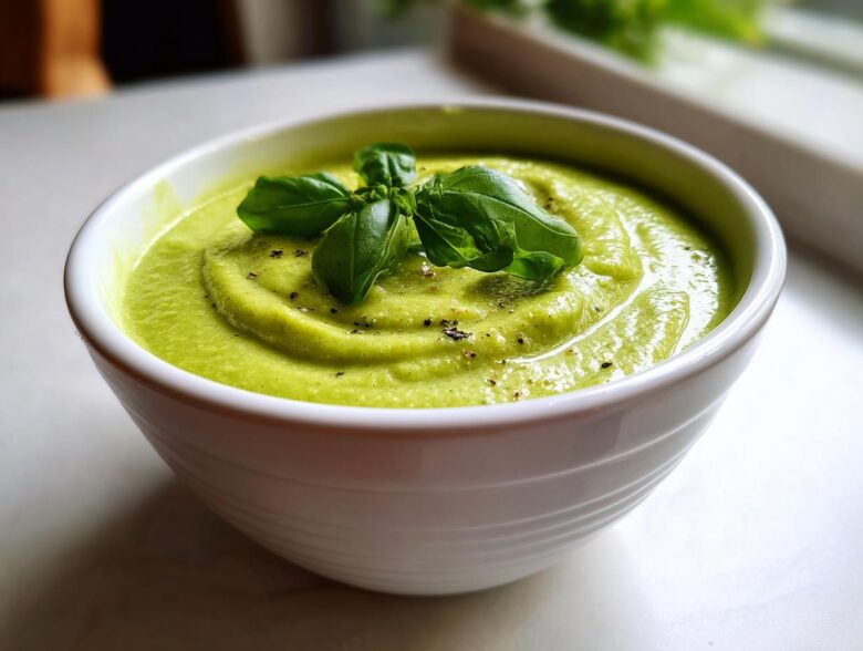 Close-up of a vibrant green zucchini soup in a white bowl, topped with fresh basil leaves and cracked black pepper.