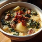 A close-up of a creamy bowl of Zuppa Toscana soup, featuring sausage, potatoes, kale, and crispy bacon.