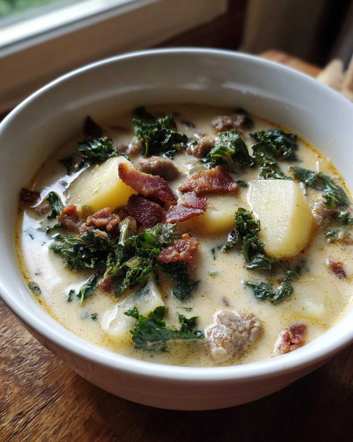 Close-up of a white bowl filled with creamy Zuppa Toscana soup, featuring chunks of potato, sausage, bacon, and kale.