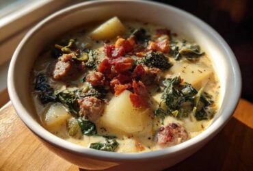A close-up of a creamy bowl of Zuppa Toscana soup, featuring sausage, potatoes, kale, and crispy bacon.