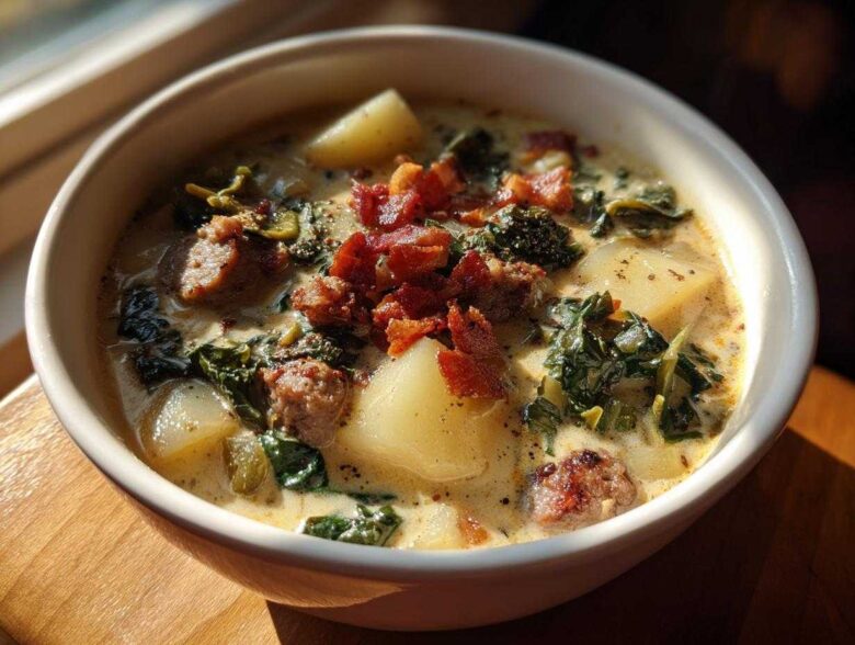 A close-up of a creamy bowl of Zuppa Toscana soup, featuring sausage, potatoes, kale, and crispy bacon.