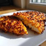 Two halves of crispy, golden-brown air fryer chicken breast showing the white interior.