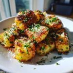 Close-up of golden, crispy air fryer gnocchi piled on a white plate, topped with grated Parmesan and fresh parsley.