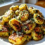 A close-up of golden brown, crispy air fryer gnocchi topped with grated Parmesan cheese and fresh parsley.