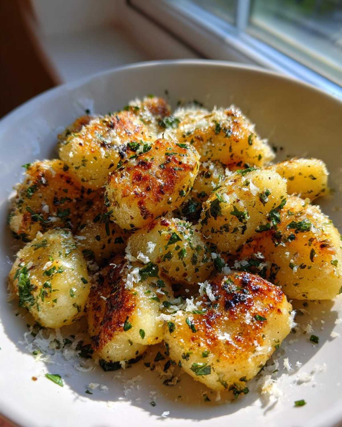 Close-up of golden brown, crispy air fryer gnocchi topped with grated Parmesan cheese and fresh parsley.