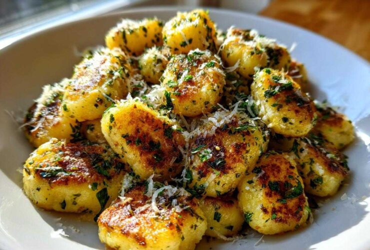 A close-up of golden brown, crispy air fryer gnocchi topped with grated Parmesan cheese and fresh parsley.