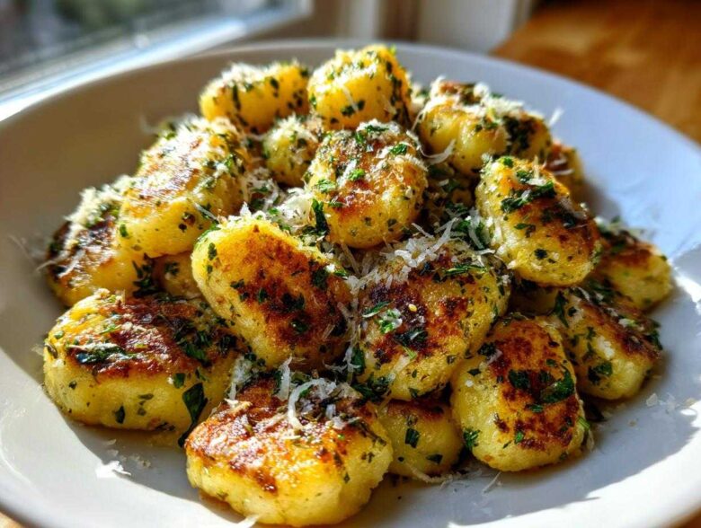A close-up of golden brown, crispy air fryer gnocchi topped with grated Parmesan cheese and fresh parsley.