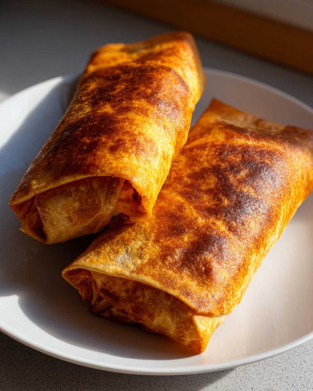 Two golden brown, crispy Baked Chicken Chimichangas resting on a white plate under bright sunlight.