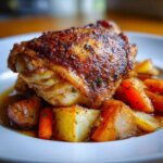 Close-up of perfectly cooked braised chicken thighs with crispy, seasoned skin resting on a bed of root vegetables.