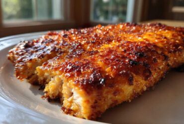 Close-up of a perfectly cooked, glazed piece of air fryer chicken breast showing crispy, caramelized edges and moist white meat.