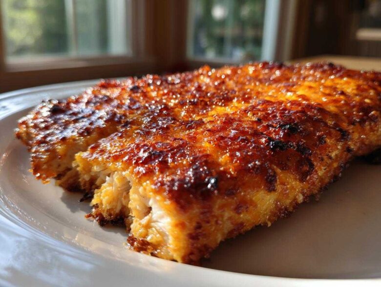 Close-up of a perfectly cooked, glazed piece of air fryer chicken breast showing crispy, caramelized edges and moist white meat.