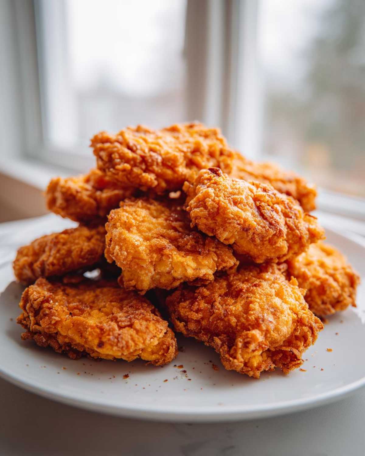 A close-up of a pile of golden brown, crispy homemade chicken nuggets stacked on a white plate.