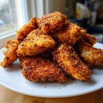 A generous pile of golden-brown, crispy homemade chicken nuggets stacked high on a white plate.
