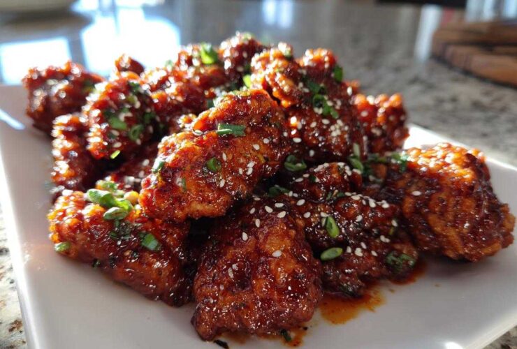 Close-up of crispy korean fried chicken recipe pieces coated in a glossy, dark sauce and topped with sesame seeds and green onions.