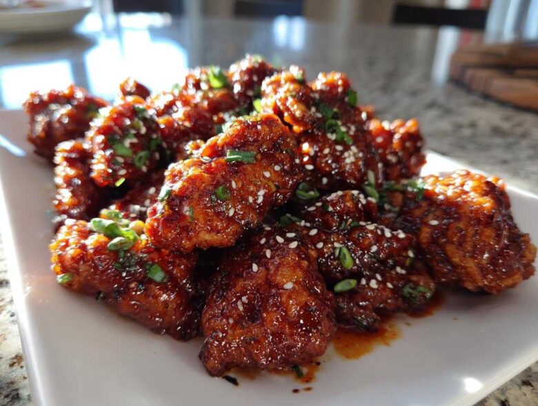 Close-up of crispy korean fried chicken recipe pieces coated in a glossy, dark sauce and topped with sesame seeds and green onions.